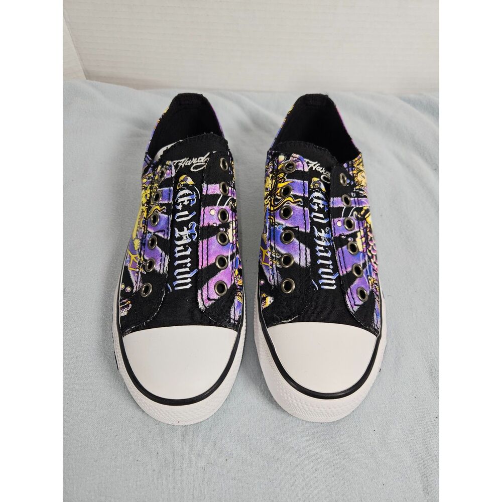 Vintage Ed Hardy Slip On Laceless Canvas Sneakers Purple Geisha Koi Tattoo Y2K